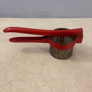 Red Metal Potato Ricer Vintage Mid Century Rustic Farmhouse Red Silver Kitchen